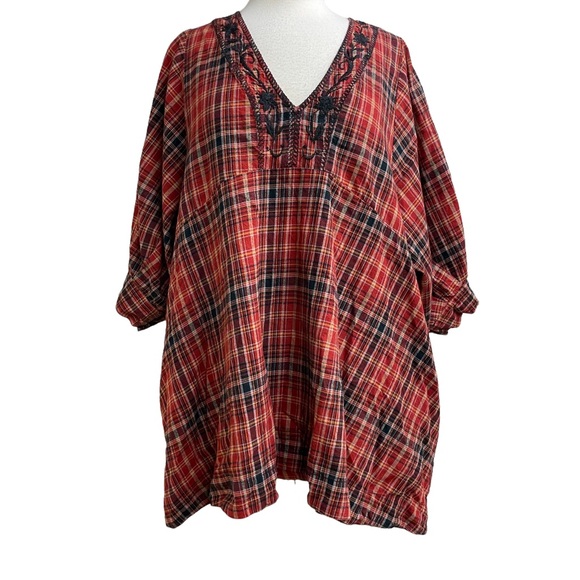 Free People Tops - Free People red plaid oversize top with embroidery S/M